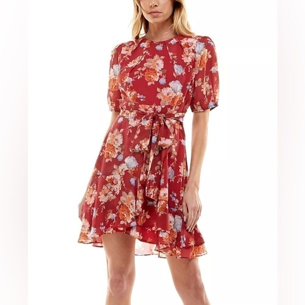 B DARLIN Juniors' Pleated-Neck Puff-Sleeve Dress Brick Multi New 9/10